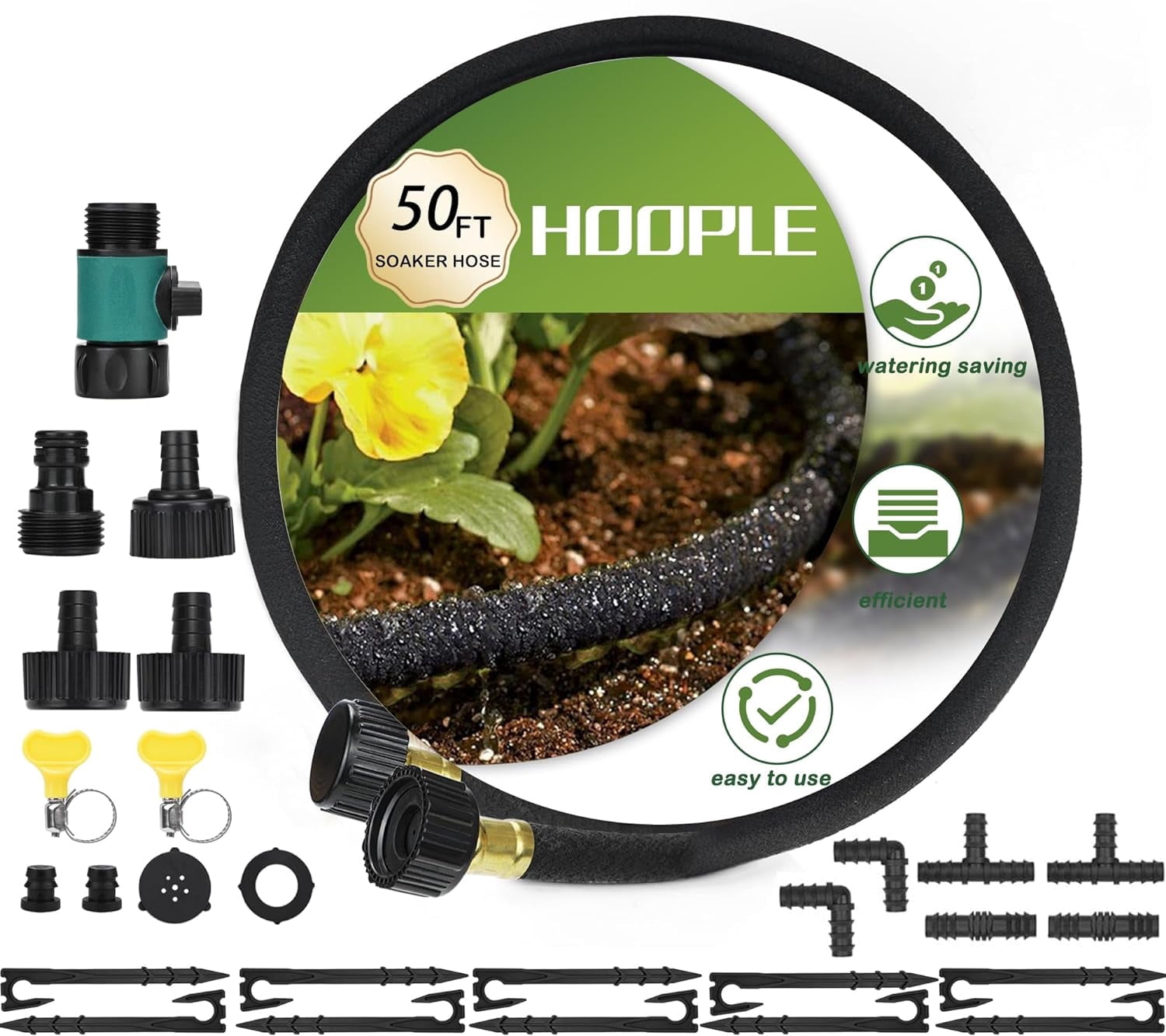 50FT Heavy Duty Rubber Soaker Hose 1/2" with Drip Irrigation Fittings Kit, 80% Water Saving Garden Drip Hose with Brass Fitting, Consistent Drip Throughout Hose (50FT)