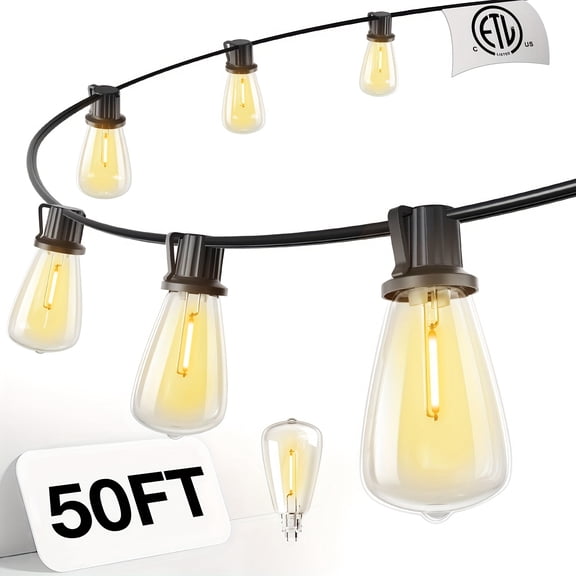 50FT IP54 Waterproof LED Outdoor String Lights - ETL Listed, Shatterproof ST38 Bulbs, Dimmable & Connectable
