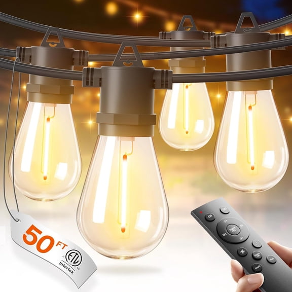 50FT LED Outdoor String Lights with Edison Shatterproof Bulbs, Weatherproof Strand, Commercial Grade Patio Lights, Decorative for Garden or Patio, Black