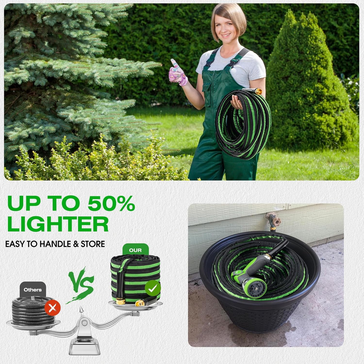 50FT Lightweight  Flexible Garden Hose - Kink-, Non-Expanding, Easy Storage for Yard Lawn Outdoor Use (Black-Green)