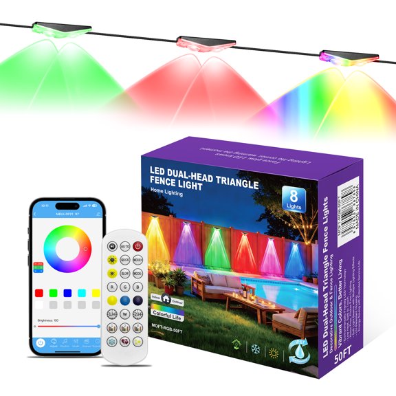 50FT Low Voltage (24V DC) RGB Fence Lights - Dual Triangle Head LED String Lights, Plug-in Waterproof Color Changing Outdoor Lighting for Chain Link Fence, Patio, Yard with Remote