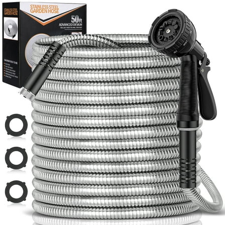 50FT Metal Garden Hose, 304 Stainless Steel Heavy Duty Water Hose W/ 10 Function Nozzle, Water Hose W/ Solid Brass Fittings & 3 Layers Latex Core, No-Kink, Tough&Flexible, Rust Proof for Yard, Outdoor