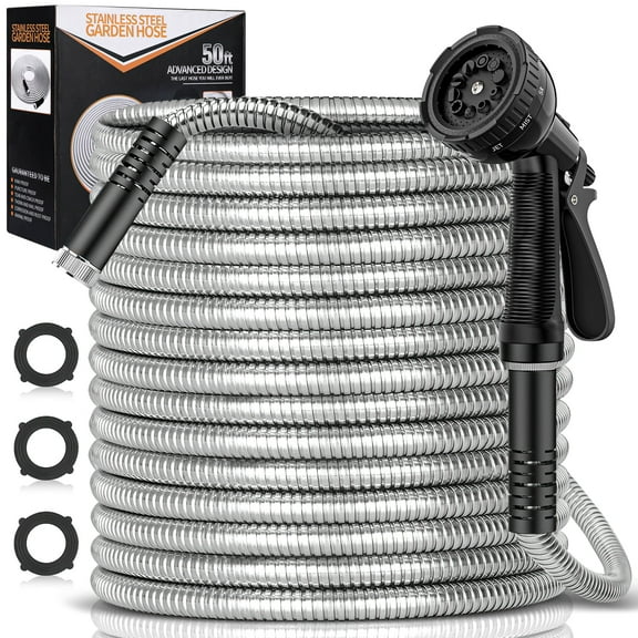 50FT Metal Garden Hose, 304 Stainless Steel Heavy Duty Water Hose W/ 10 Function Nozzle, Water Hose W/ Solid Brass Fittings & 3 Layers Latex Core, No-Kink, Tough&Flexible, Rust Proof for Yard, Outdoor