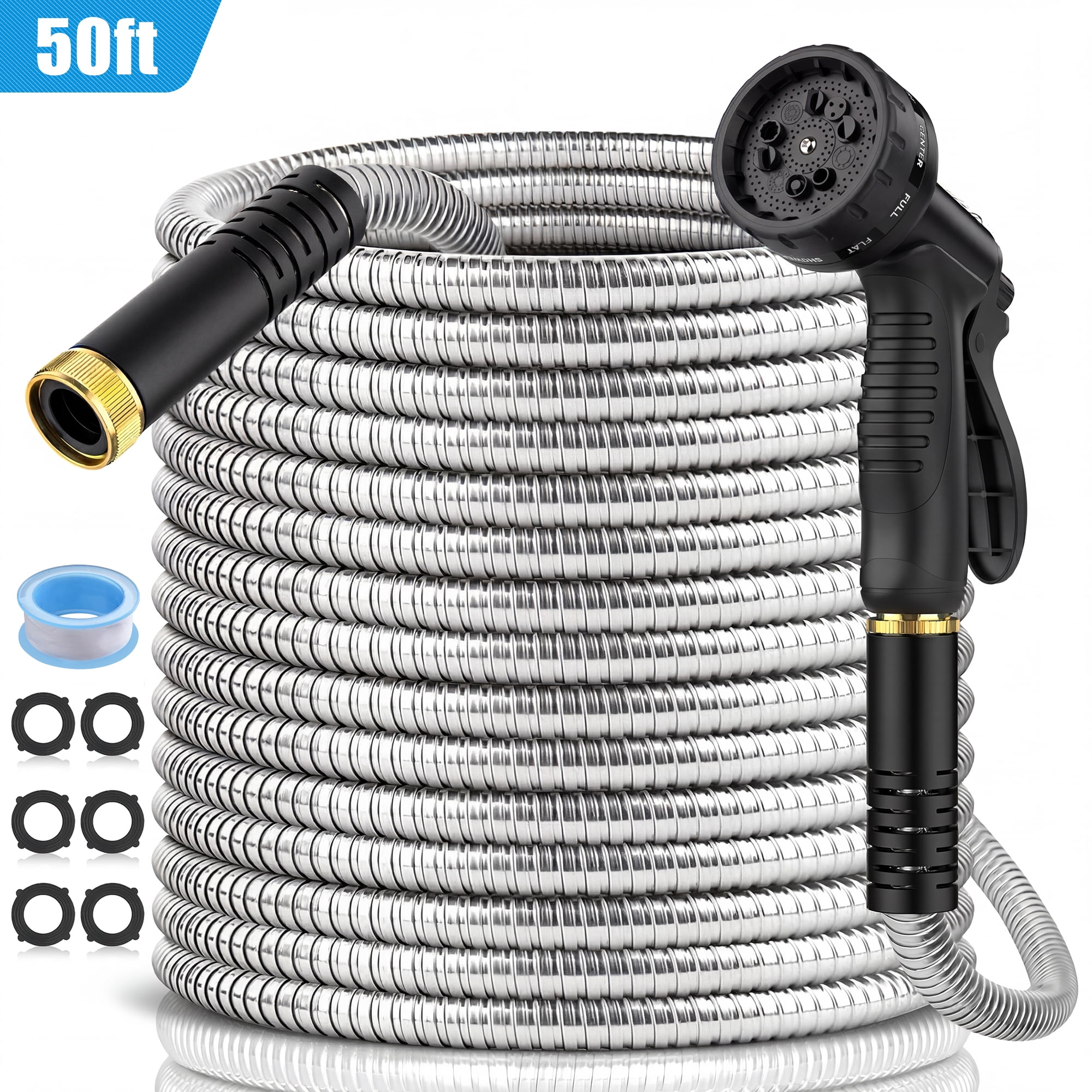 50ft Metal Garden Hose, Stainless Steel Water Hose with 10 Function Nozzles, Heavy Duty Water Pipe with 3/4 inch Brass Fittings, Kink & Tangle Free, Puncture Resistant, Rust Proof for Yard (Black)