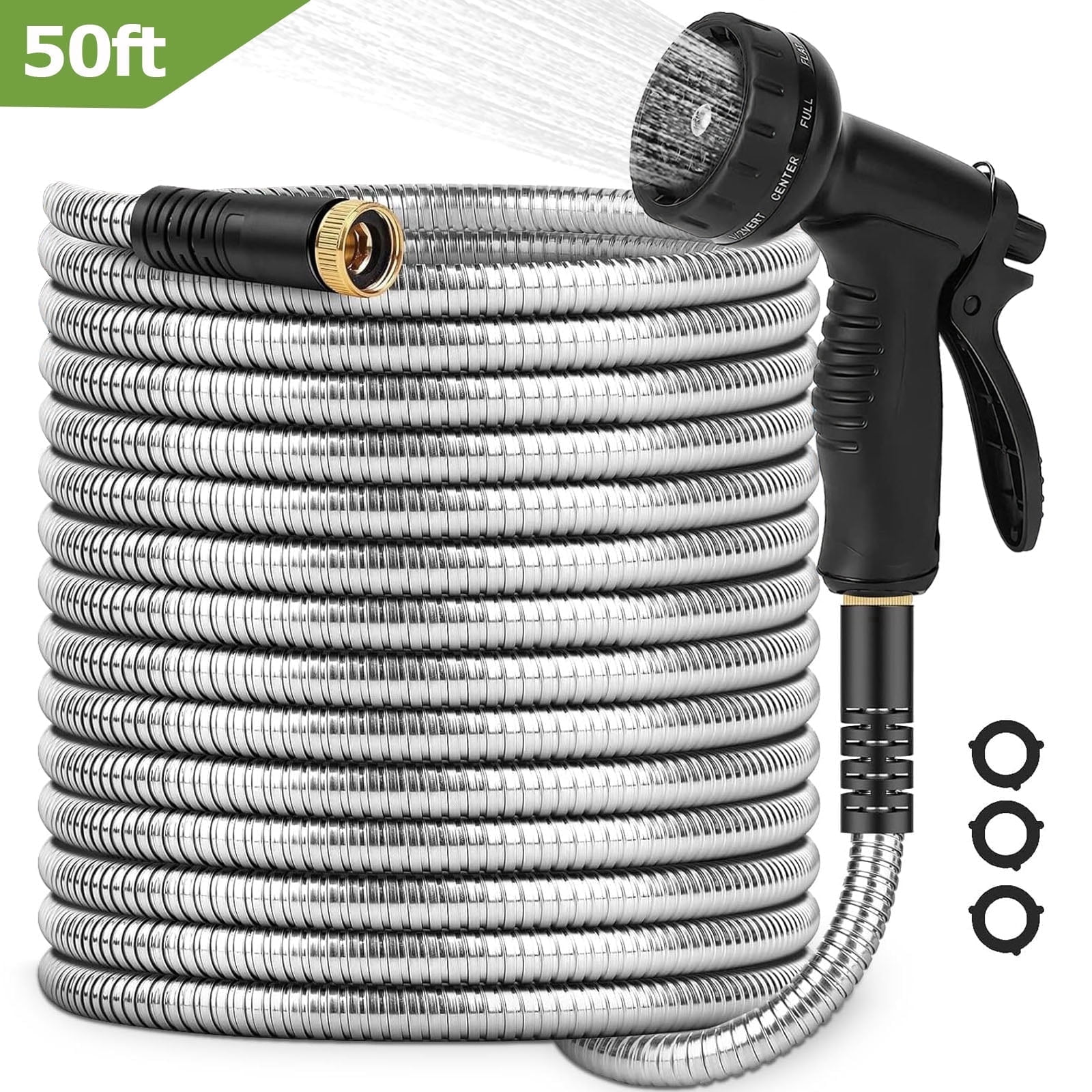 Kisportee Garden Hose 50ft, Heavy Duty Stainless Steel Water Hose with 10 Functional Nozzles, No Kink, Lightweight & Flexible, Easy to Use & Store, Strong and Sturdy, Suitable for Yard, Lawn