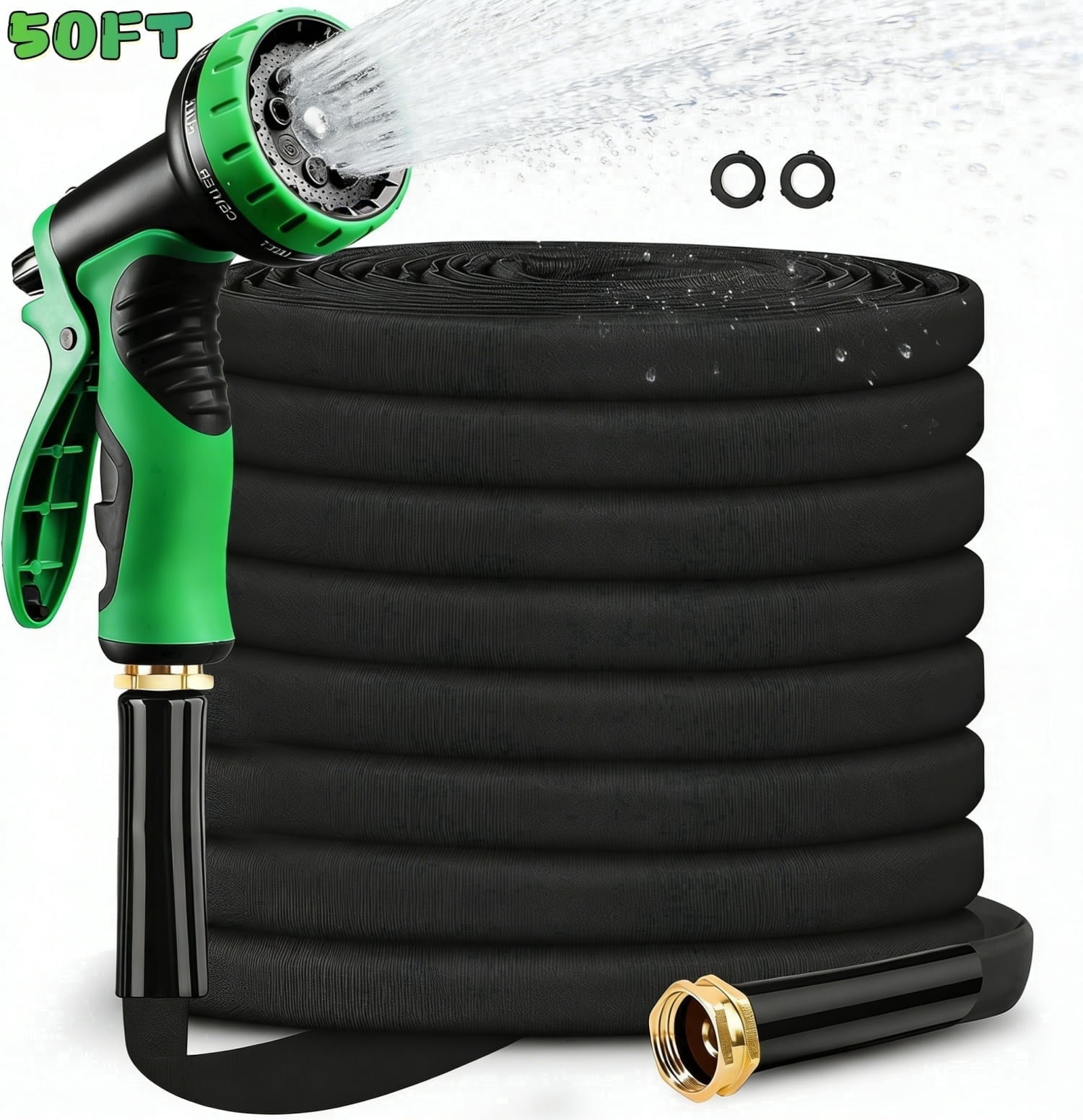 50FT Non-Expandable Garden Hose - Flexible, Lightweight & Tangle Free with 10-Function Spray Nozzle, Durable Rust-Proof Design for Yard, Garden, and Outdoor Use
