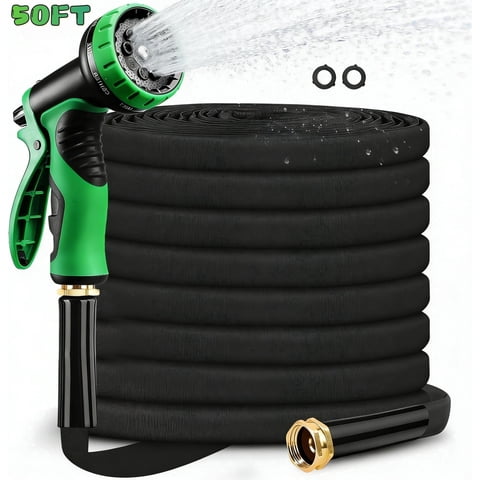 50FT Non-Expandable Garden Hose - Flexible, Lightweight & Tangle Free with 10-Function Spray Nozzle, Durable Rust-Proof Design for Yard, Garden, and Outdoor Use