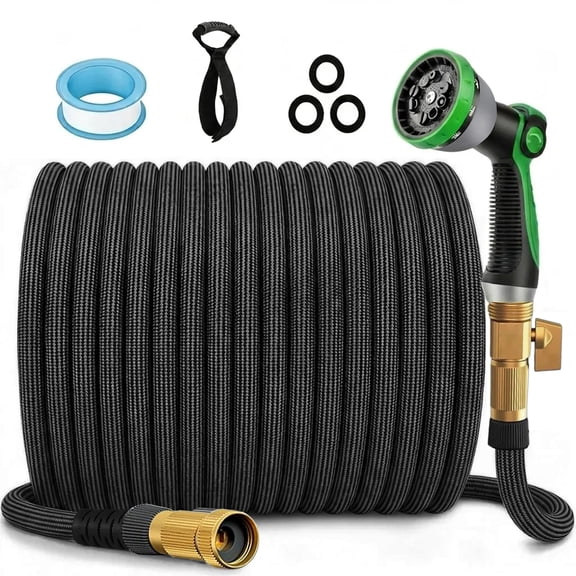 50FT Non-Expanding Heavy-Duty Garden Hose, Reinforced PVC & Polyester, 3/4-Inch Brass Connectors, Durable & Burst-Resistant, with 10-Function Nozzle