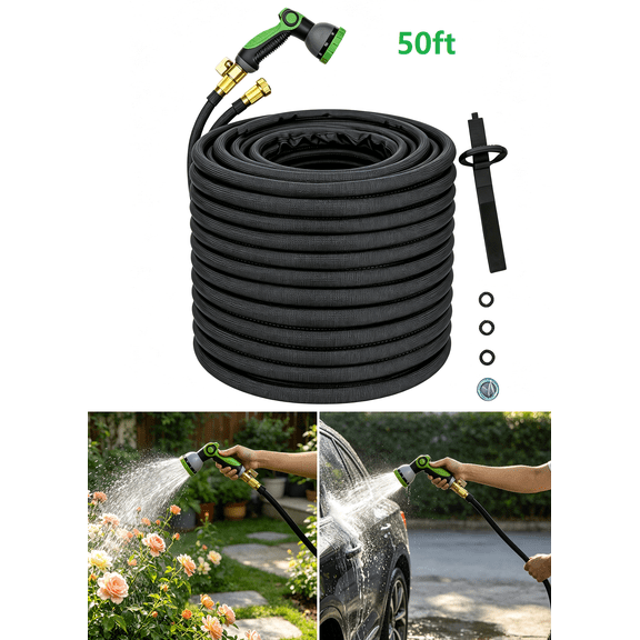 50FT Non-Expanding Heavy-Duty Garden Hose, Reinforced PVC & Polyester, 3/4-Inch Brass Connectors, Durable & Burst-Resistant, with 10-Function Nozzle