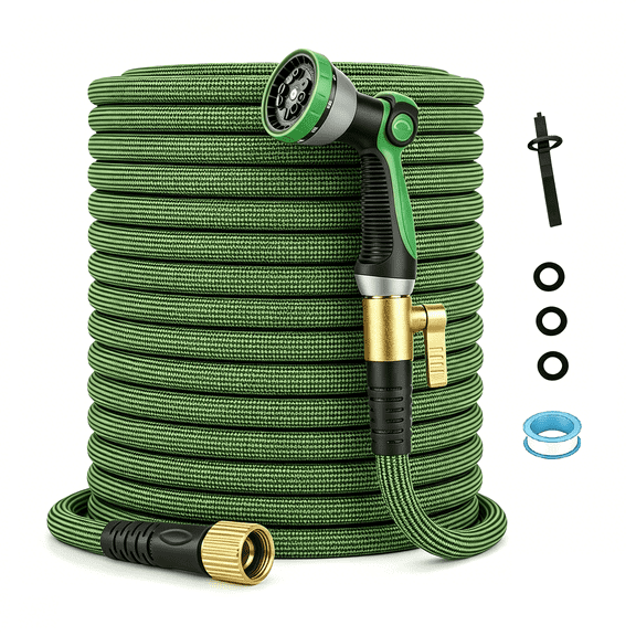 50FT Flexible Garden Hose Fixed Length, Anti-Kink Freeze UV Resistant Water Hose Non Expandable, 3/4 Inch Brass Fittings, 10 Spray Nozzle Storage Rope for Lawn Car Wash All Season Outdoor Daily Use