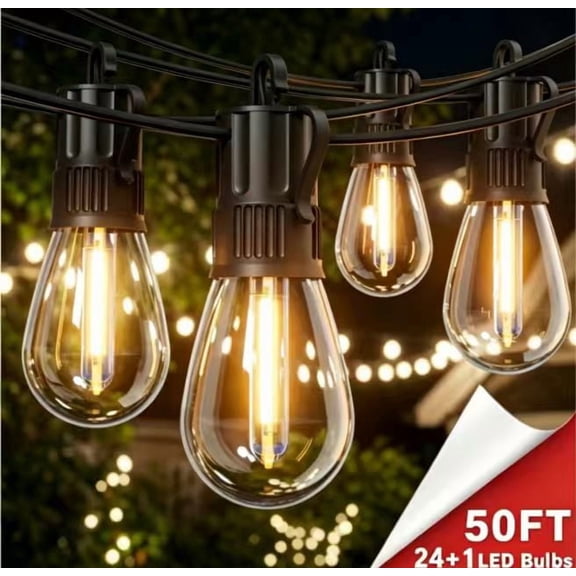 50FT Outdoor String Lights for Outside Patio Lights with 24+1 Shatterproof S14 E12 LED Bulb, 2700K Outside Hanging Light Waterproof for Parties Porch Garden Fences Backyard