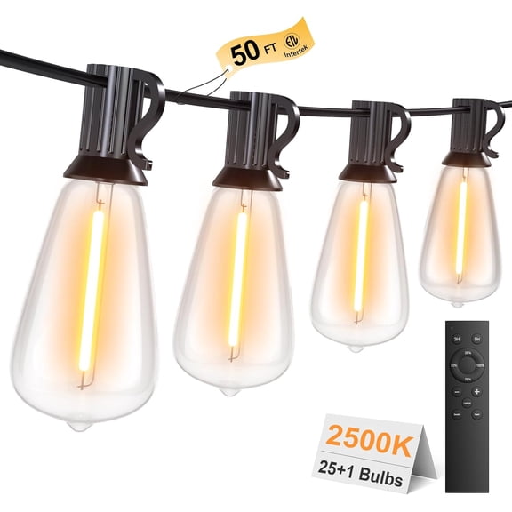 50FT Outdoor String Lights with Remote, Garden Patio Decor with 2500K Warm White, 25+1 LED Edison Bulbs, Support Timer Dimmable Waterproof Shatterproof for Yard Outside Porch Deck Indoor (24V)