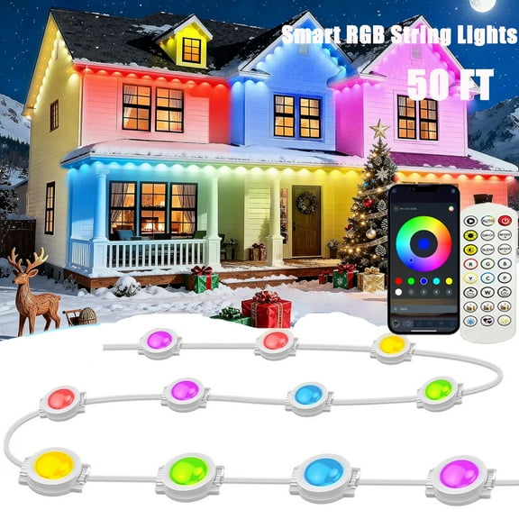 50FT Permanent Outdoor RGB Lights, 25 LEDs IP67 Waterproof Smart RGB String Lights Outside, Eaves Lights with App/Remote Control, Music Sync & DIY Scenes, for House, Party, Holiday Decorations