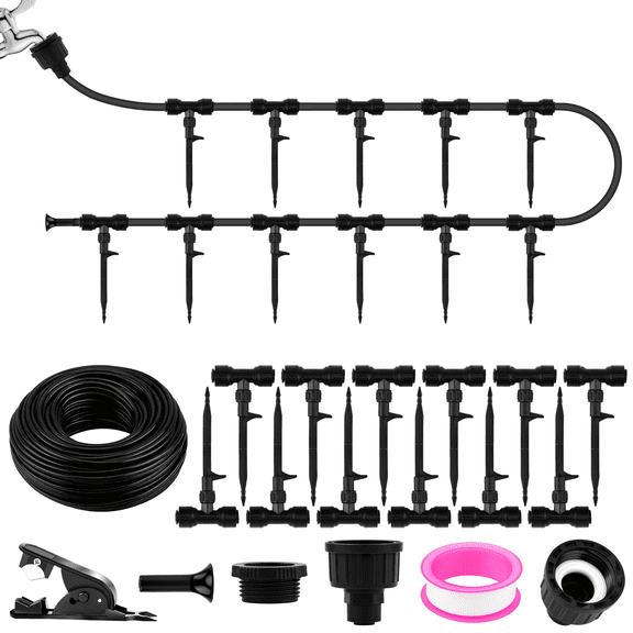 Drip Irrigation Kit – 49FT Quick-Connect Complete System with 1/4" Tubing, 15 Drippers, Adapters, Cutter & PTFE Tape for Garden Greenhouse Yard Lawn