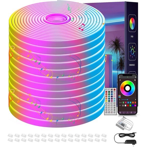 50FT RGB Neon Rope Lights, Outdoor Led Strip Lights Waterproof IP67 with Remote and App Control, Flexible Led Rope Lights, Music Sync Led Lights for Bedroom, Gaming, Outdoors Decor (1 Roll)