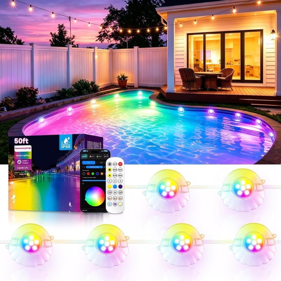 50FT RGB Pool Lights for Inground & Above Ground Pools, Plug-in 8 Shell Pool LED String Lights,IP68 Waterproof, Remote/APP Control,16 Million Colors,44 Dynamic Modes for Swimming Pool Decor