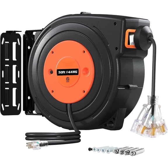 50FT Retractable Extension Cord Reel, 14AWG/3C SJTOW Power Cord with Lighted Triple Tap, 13A Circuit Breaker, Ceiling/Wall Mount for Garage, Shop, Workshop, ETL Listed, Orange