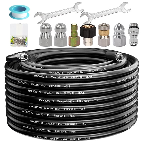 50FT Sewer Jetter Kit for Pressure Washer 4000PSI Hydrojet Drain Cleaning Kit with Button Nose 1/4 Inch NPT Rotating Sewer Jet Nozzle Spanner