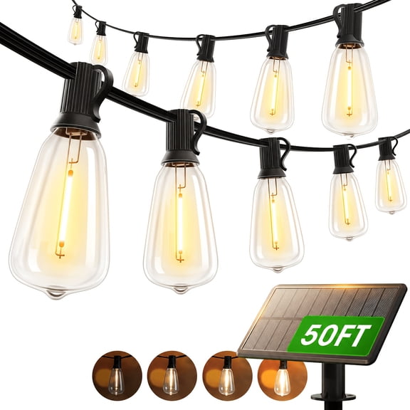 50FT Solar Lights Outdoor Waterproof IP65 , LED String Lights With Shatterproof ST38 Dimmable Globe Bulb, Strong-Weak-Flash-Breath 4 Modes