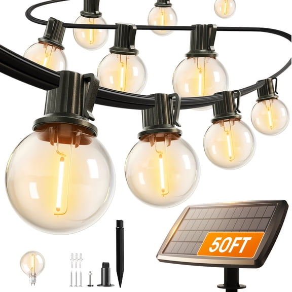 50FT Solar String Lights Outdoor IP65 Waterproof, LED String Lights With Shatterproof G40 Dimmable Globe Bulb