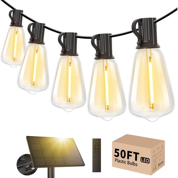50FT Solar String Lights Outdoor with Remote, ST38 Patio Light with 19 LED Dimmable Shatterproof Bulbs, Solar  String Lights  for Cafes, Gardens, Bistro Warm White