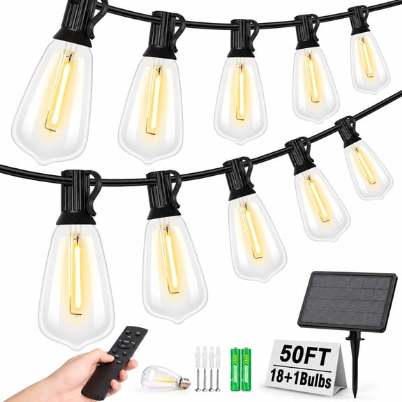 50FT Solar String Lights Outdoor Waterproof, Patio Lights with Remote Control & 18+1 Dimmable ST38 Edison Bulbs Shatterproof,Solar Powered String Lights for Outside Garden Backyard