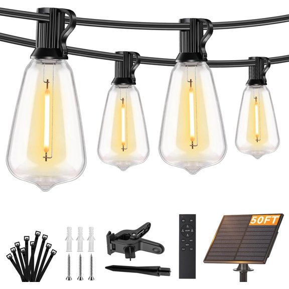50FT Solar String Lights Outdoor Waterproof, Patio Lights Solar Powered with Remote, 18+1 Shatterproof ST38 LED Bulbs, Dimmable&3 Lighting Modes, Hanging Outdoor Lights for Garden, Wedding