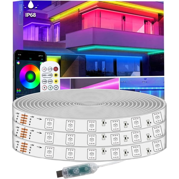 50FT Strip Lights IP68 Outdoor , 5V , Music Sync APP/RF Remote Control Lights for Balcony,Deck,Camping,Garden, Decor
