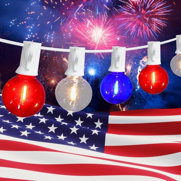 50Ft G40 Red White and Blue Lights String with 28 Shatterproof LED Globe Bulbs, for Memorial Day 4th of July Decorations Outdoor & Patriotic Decorations Lights for Home Party Patio Gazebo,0.6W