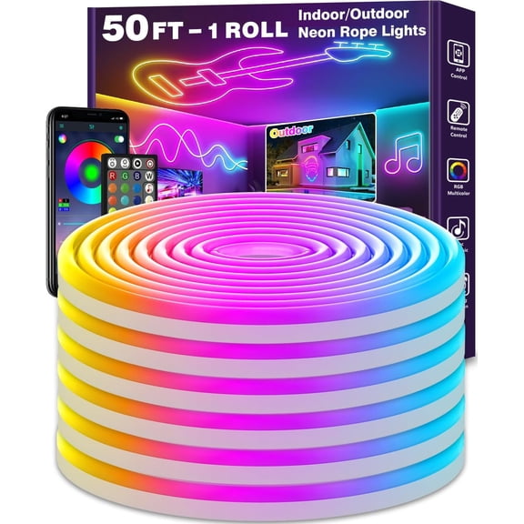 50Ft Neon Rope Lights,Flexible Led Rope Lights Control with App/Remote,Multiple Modes Rope Lights,IP65 Outdoor RGB Led Neon Lights Waterproof,Music Sync Gaming Led Neon Light Strip for Bedroom Decor