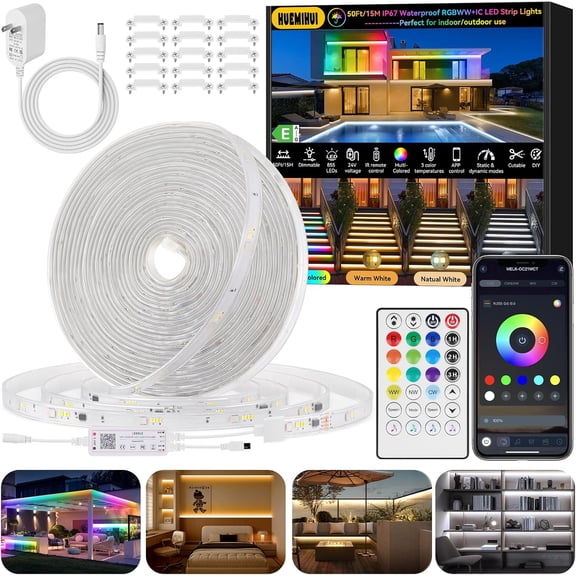 50Ft Outdoor RGBWW+IC  Strip Lights, IP67  Multi-Colored+3000K-6500K 24V  Lights with Remote and APP, Music Sync Color Changing  Tape Lights,DIY Strip Lighting for Courtyard Garden