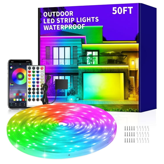 50Ft Outdoor Waterproof LED Strip Lights,Music Sync RGB IP68 Led Lights with App and Remote Control,Color Changing Waterproof RGB Exterior Rope Self Adhesive Back,Balcony,Roof,Garden,Party