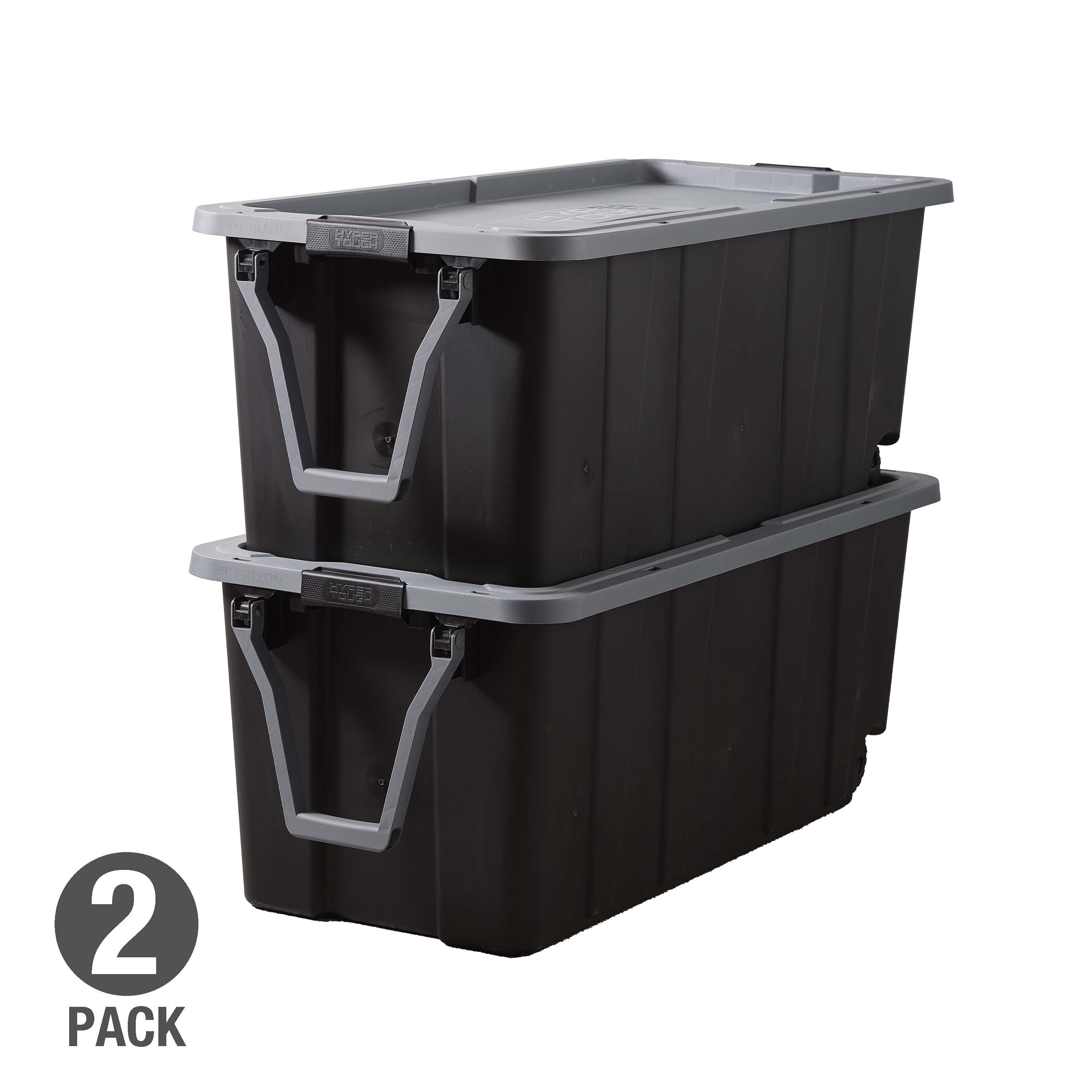 (Pack of 2) Hyper Tough 50 Gallon Extra Large Wheeled Storage Bin with Latch Lid and Handle, Black and Gray, Heavy Duty Plastic Storage Container Black and Gray