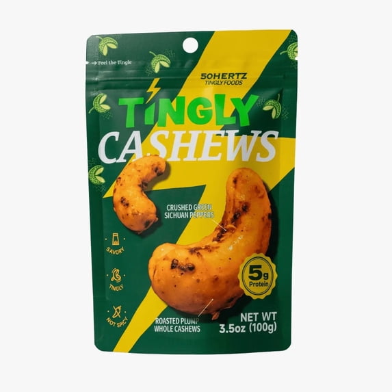 50Hertz Tingly Cashews 3.5 oz (100g) Bag Premium Roasted Cashews with Green Sichuan Pepper (Szechuan Peppercorn) Savory Sweet, Tongue-Tingling Mala Numbing Snack Vegan, Plant-Based, 5g Protein