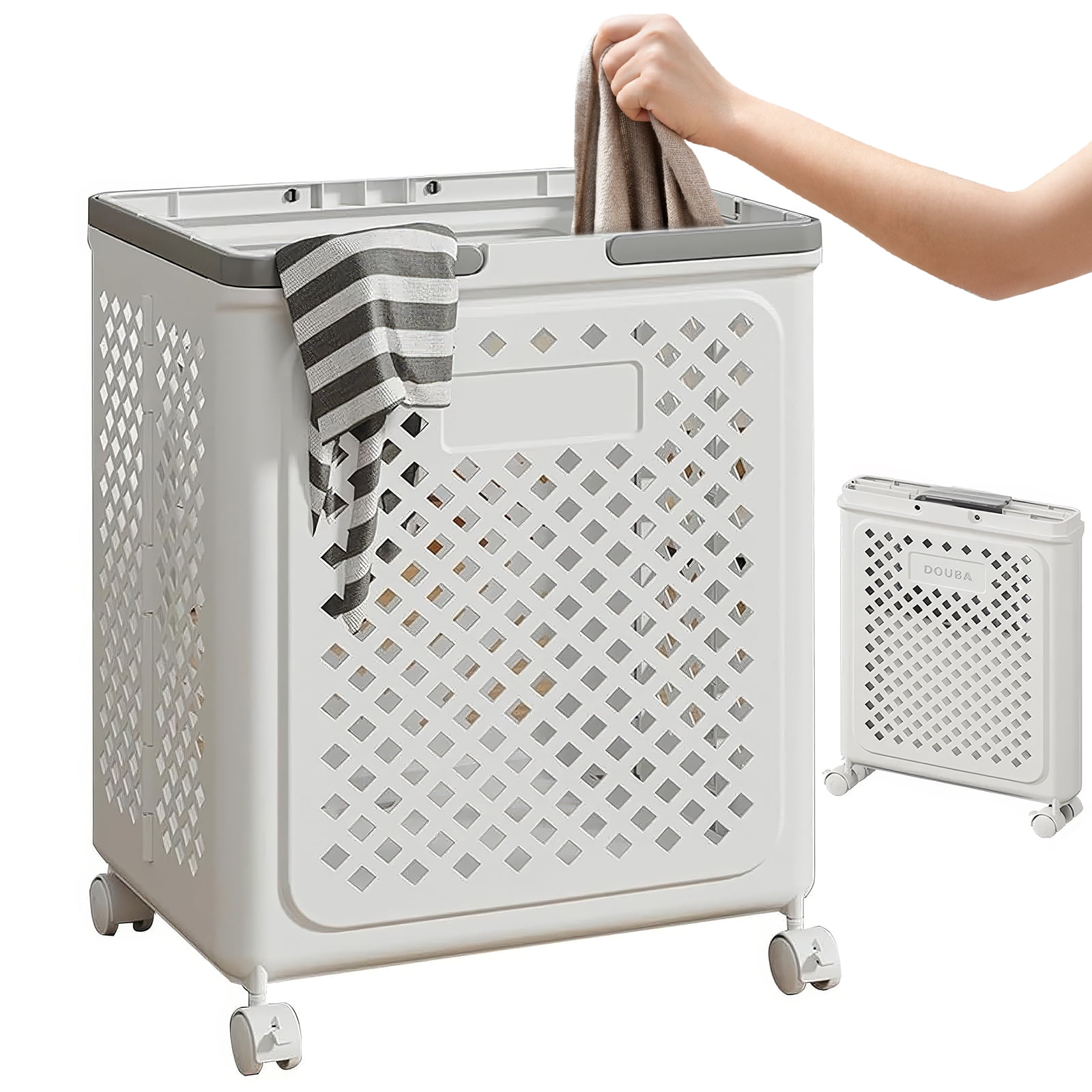50L Collapsible Laundry Basket with Wheels and Handle, Plastic Laundry Hamper Cart Rolling, Portable Storage Basket for Bathroom, White