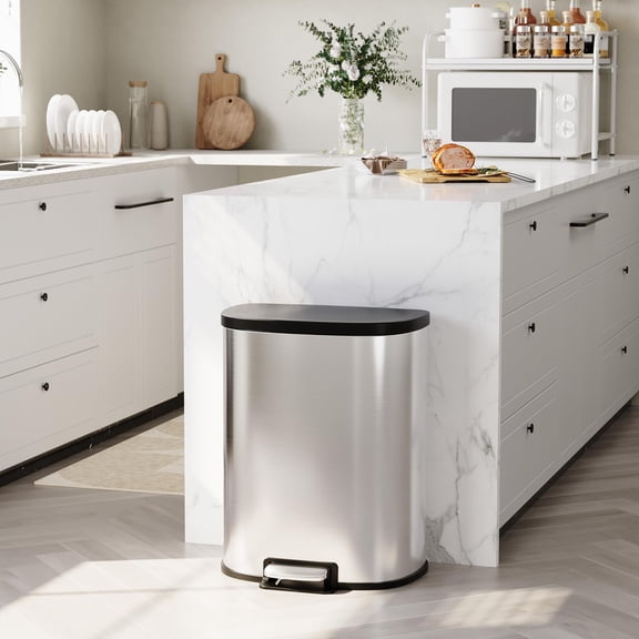 50L D Shape Stainless Steel Step-On Trash Can, Soft-Close Lid with Removable Inner Bucket, Hands-Free Waste Bin for Home & Office