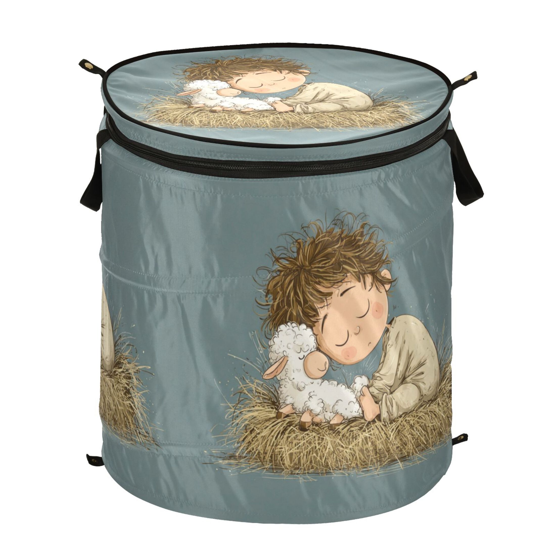50L Extra Large Popup Hamper Collapsible Laundry Basket With Zippered Lid 15.7x18.5in A Cute Boy Sleeps with Lamb