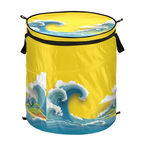50L Extra Large Popup Hamper Collapsible Laundry Basket With Zippered Lid 15.7x18.5in A Huge Ocean Waves