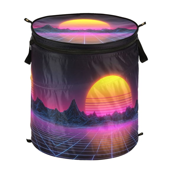 50L Extra Large Popup Hamper Collapsible Laundry Basket With Zippered Lid 15.7x18.5in A Retro-wave Landscape