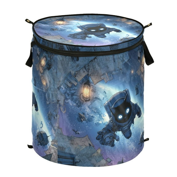 50L Extra Large Popup Hamper Collapsible Laundry Basket With Zippered Lid 15.7x18.5in Astronaut Cat and His Robot Pet