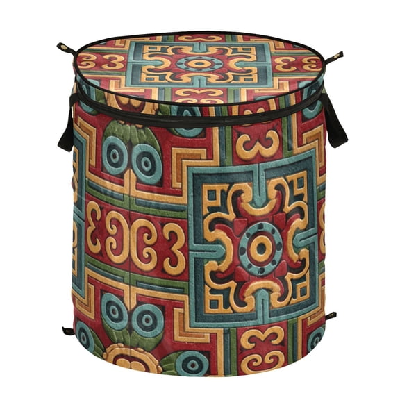 50L Extra Large Popup Hamper Collapsible Laundry Basket With Zippered Lid 15.7x18.5in Aztec-style