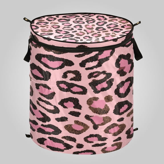 50L Extra Large Popup Hamper Collapsible Laundry Basket With Zippered Lid 15.7x18.5in Brushstroke Pink Cheetah Print