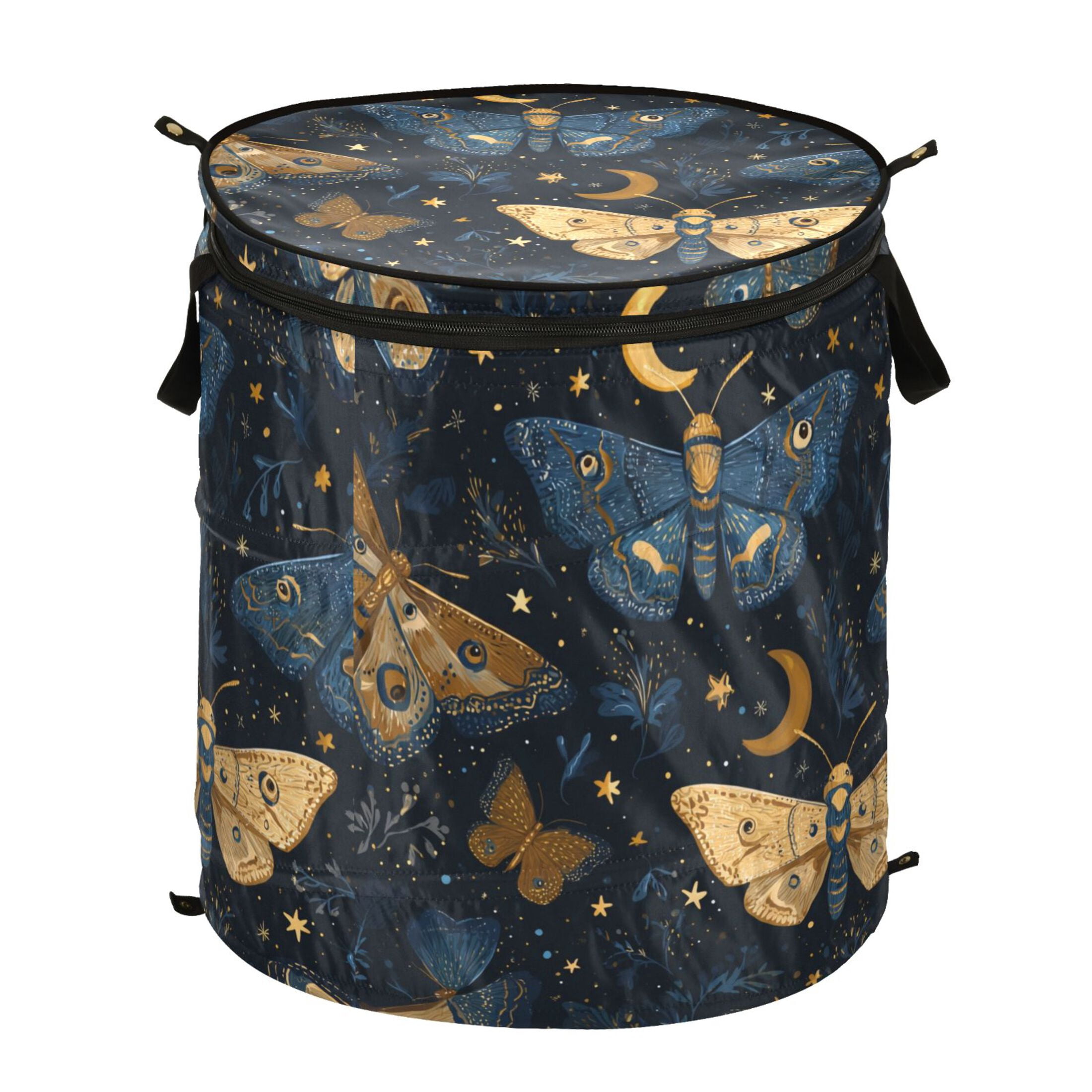 50L Extra Large Popup Hamper Collapsible Laundry Basket With Zippered Lid 15.7x18.5in Butterflies Moon Vector