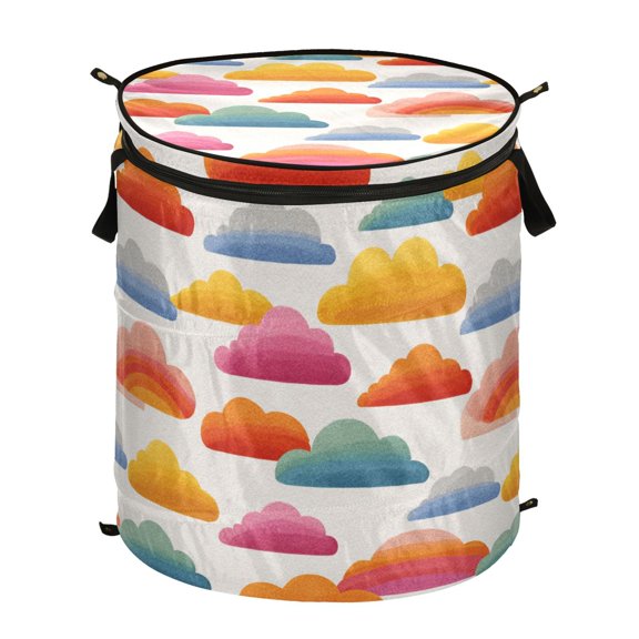 50L Extra Large Popup Hamper Collapsible Laundry Basket With Zippered Lid 15.7x18.5in Cartoon Rainbow Clouds