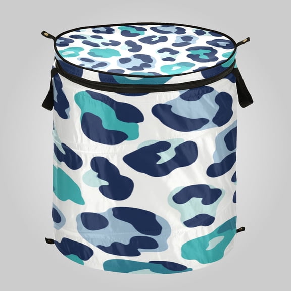 50L Extra Large Popup Hamper Collapsible Laundry Basket With Zippered Lid 15.7x18.5in Cool Tone Blue Cheetah Pattern