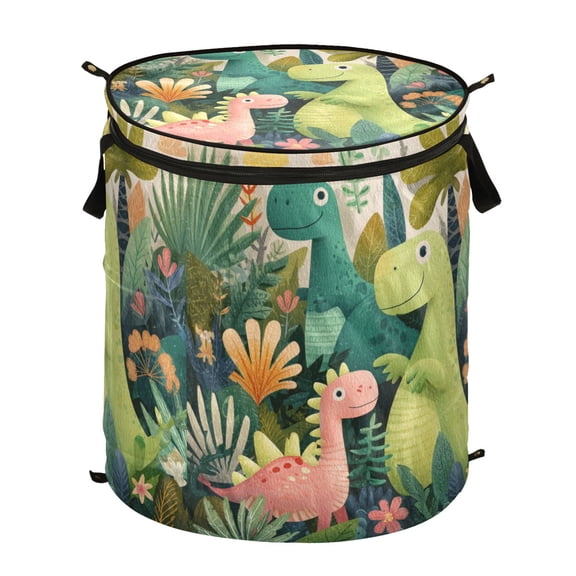50L Extra Large Popup Hamper Collapsible Laundry Basket With Zippered Lid 15.7x18.5in Crtoon Pattern Of Dinosaurs