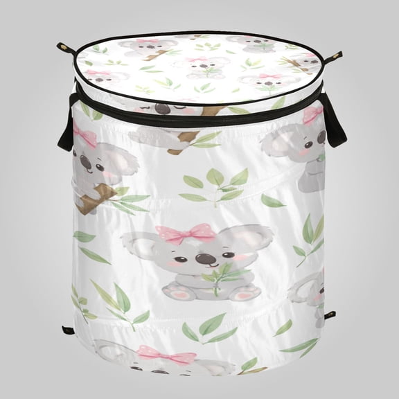 50L Extra Large Popup Hamper Collapsible Laundry Basket With Zippered Lid 15.7x18.5in Cute Baby Koalas Pink Bows