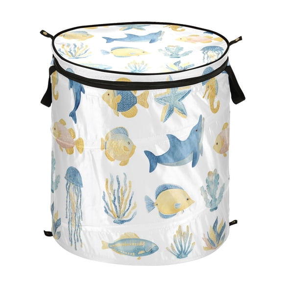 50L Extra Large Popup Hamper Collapsible Laundry Basket With Zippered Lid 15.7x18.5in Cute Sea Animals Set Vector