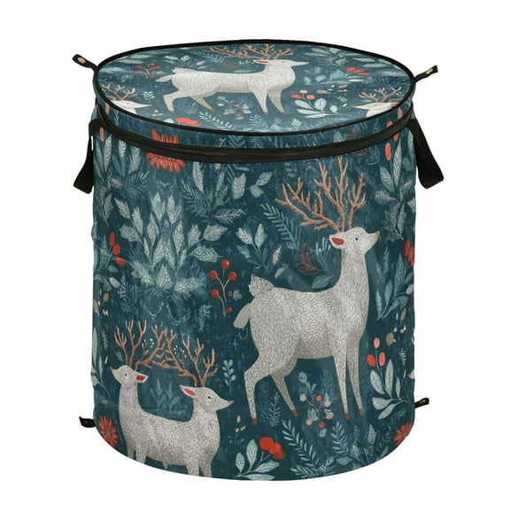 50L Extra Large Popup Hamper Collapsible Laundry Basket With Zippered Lid 15.7x18.5in Deer Standing in The Plants