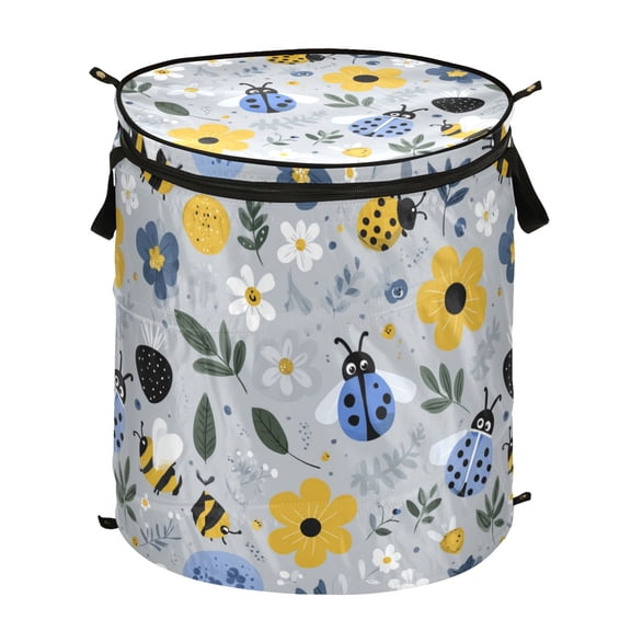 50L Extra Large Popup Hamper Collapsible Laundry Basket With Zippered Lid 15.7x18.5in Flowers Ladybugs